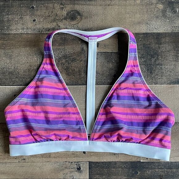 Athleta Women’s T Back Pink, Purple, & White Striped Swim Bikini Top Size Large - Picture 2 of 9